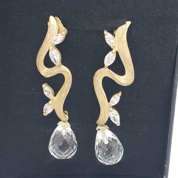 Gold Tone Necklace & Earrings Set with Cubic Zirconia & Clear Faceted Teardrop - Picture 8 of 11